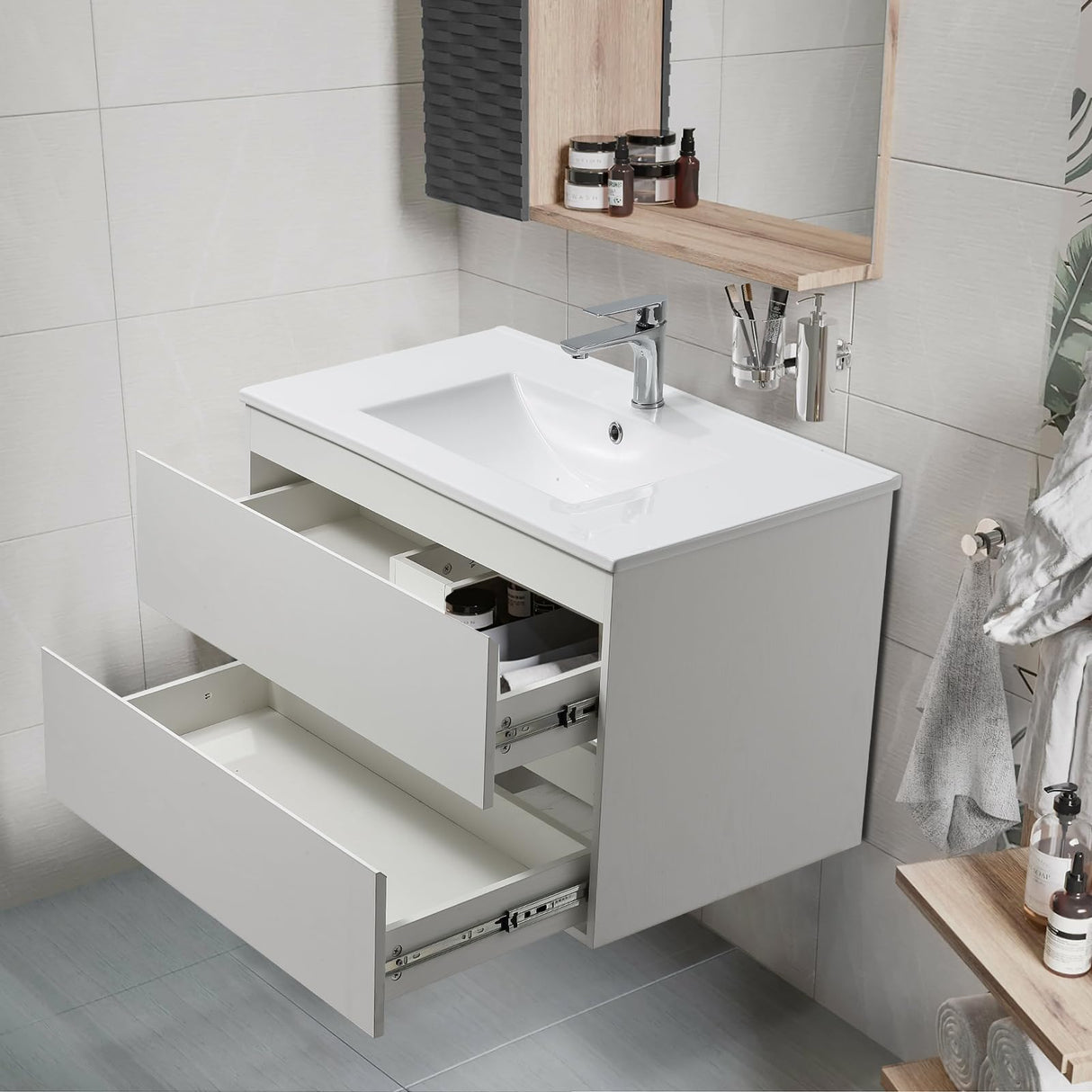 36" White Bathroom Vanity Wall Mounted Floating Vanity Two Drawers Storage Cabinet