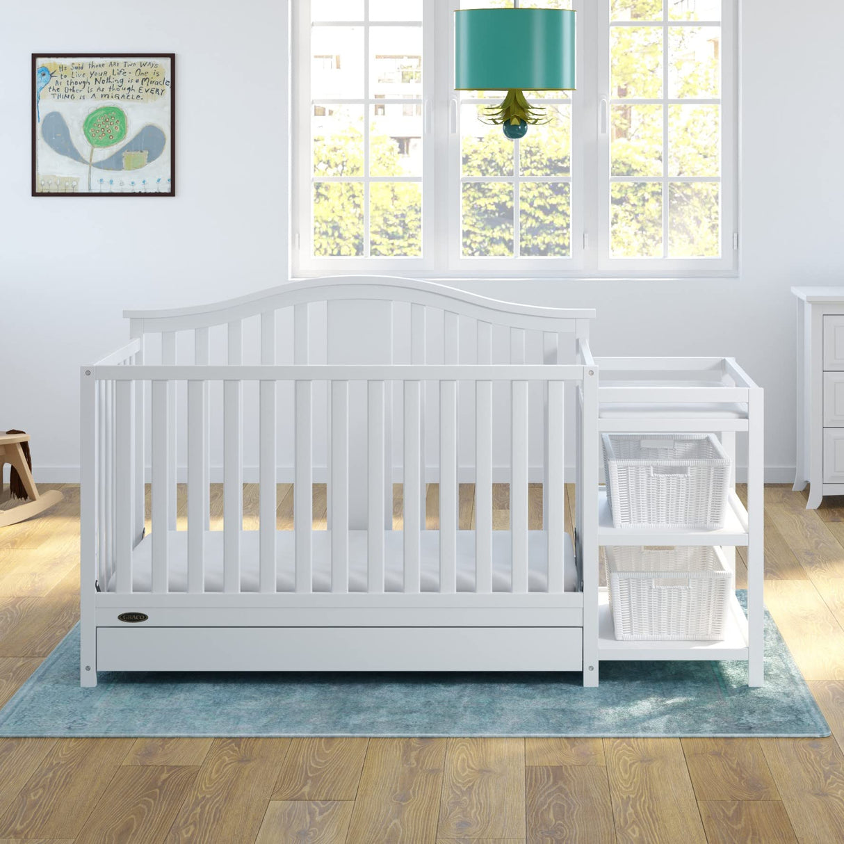 Solano 4-in-1 Convertible Crib and Changer with Drawer (White) – Crib and Changing Table Combo with Drawer, Includes Changing Pad, Converts to Toddler Bed, Daybed and Full-Size Bed