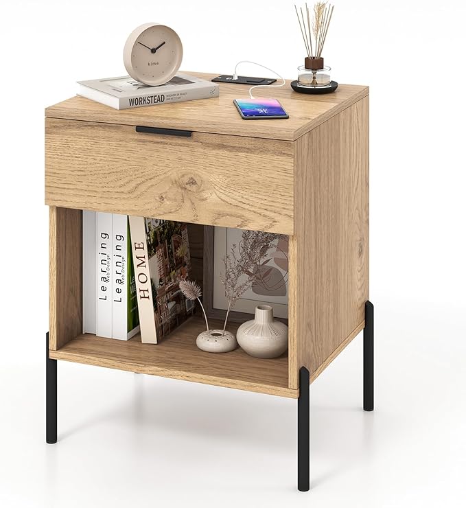 Nightstand with Charging Station, End Table Bedside Table with AC Outlet
