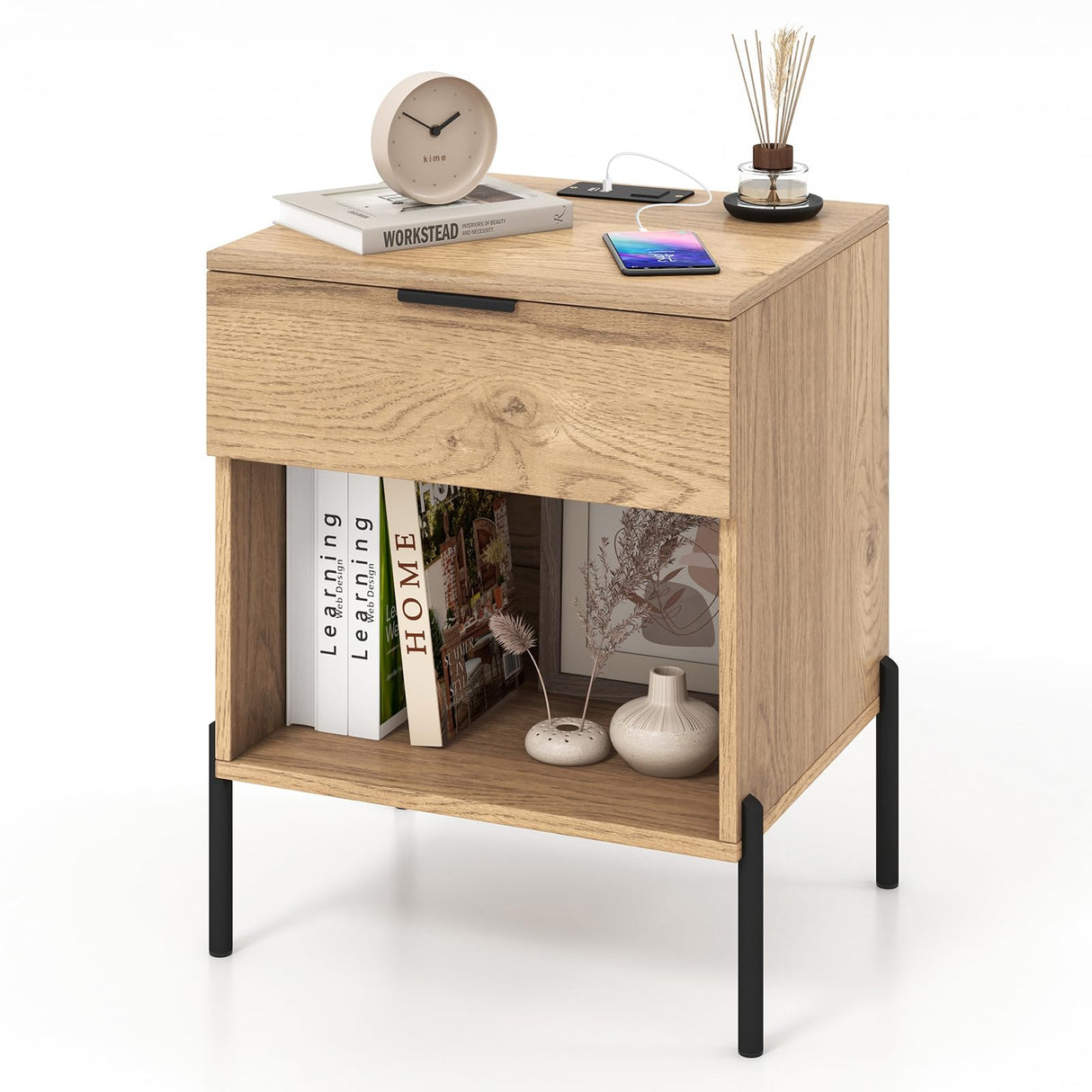 Nightstand with Charging Station, End Table Bedside Table with AC Outlet