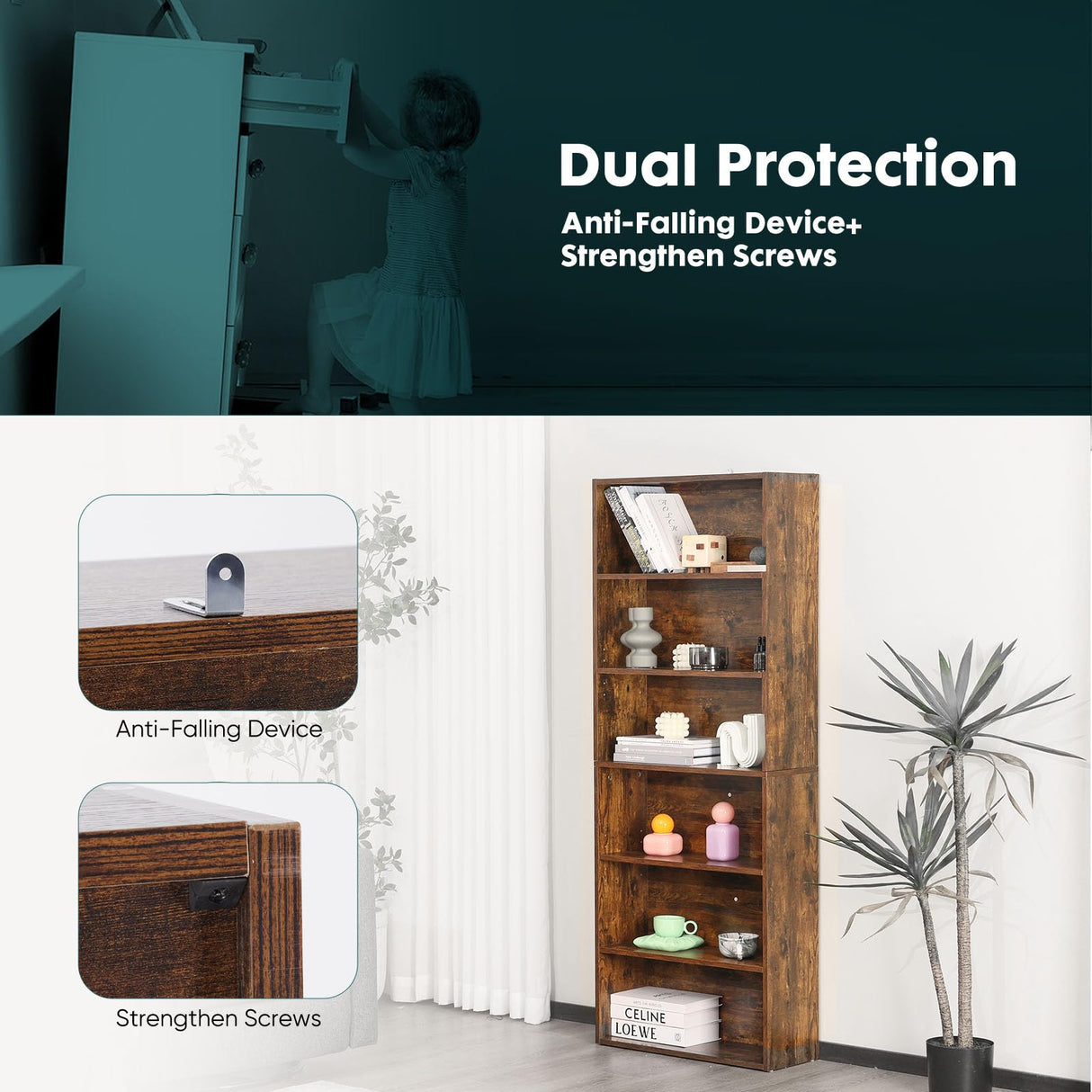 SMUG 6 Shelf Bookcase Open Industrial Bookshelf Large Storage Floor Standing 63 Inch Tall Bookcase for Home Office, Living Room, Bed Room, Rust