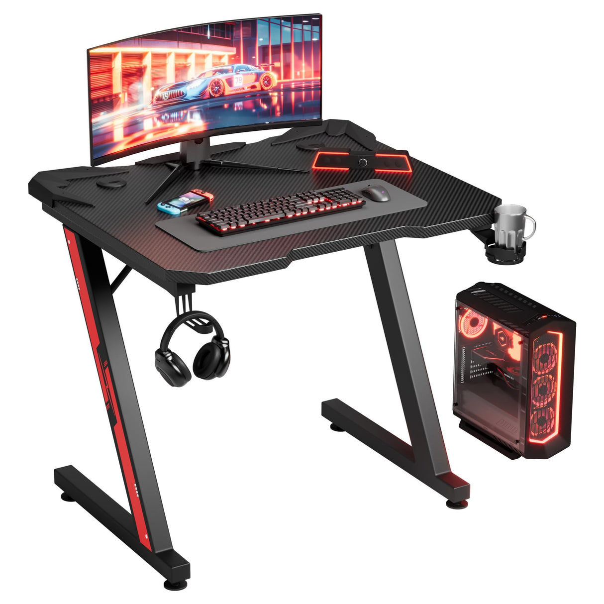Gaming Desk Computer Desk Z-Shaped Gaming Table with Carbon Fibre Surface