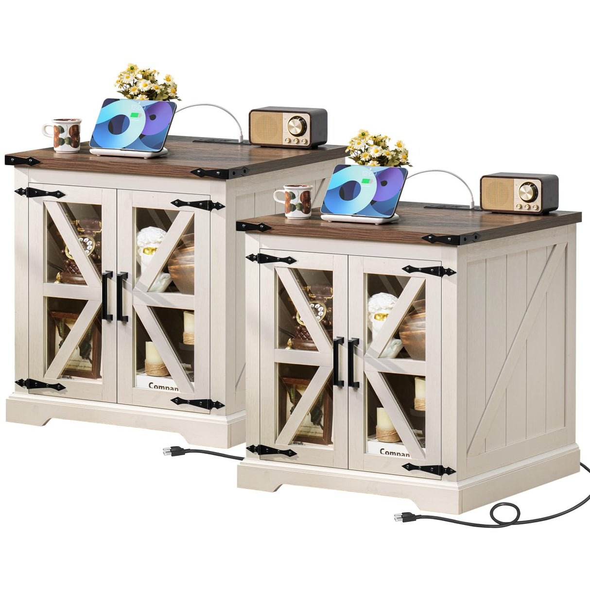 24" End Table Set of 2 with Charging Station, Farmhouse Night Stand with Glass Barn Door