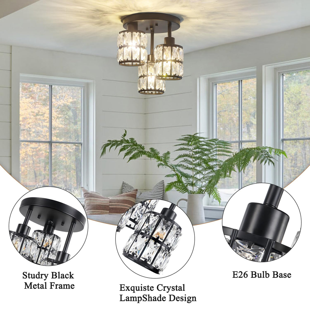 Semi Flush Mount Ceiling Light, 3-Light Close to Ceiling Light Fixture Black Small Crystal