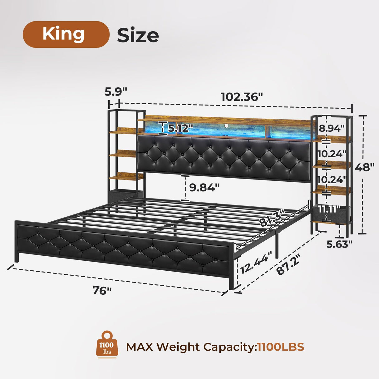 Bed Frame King Size with Bookcase Storage Headboard and Charging Station King