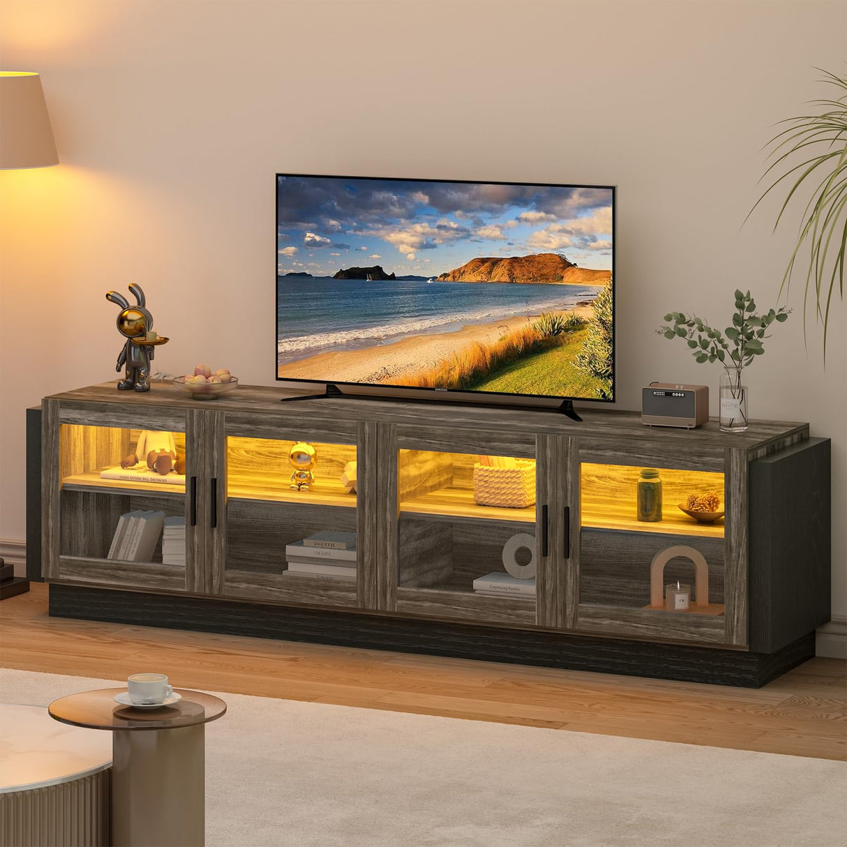 TV Stand with LED Lights for 65/75/80 Inch TV, Large Entertainment Center with Transparent Doors Storage, 70 Inch TV Cabinet for Living Room, Bedroom, Grey