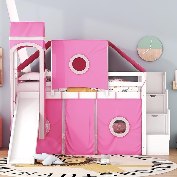 Designs House Loft Bed with Slide and Storage Stairs, Wood Kids Loft Bed with Tent and Tower