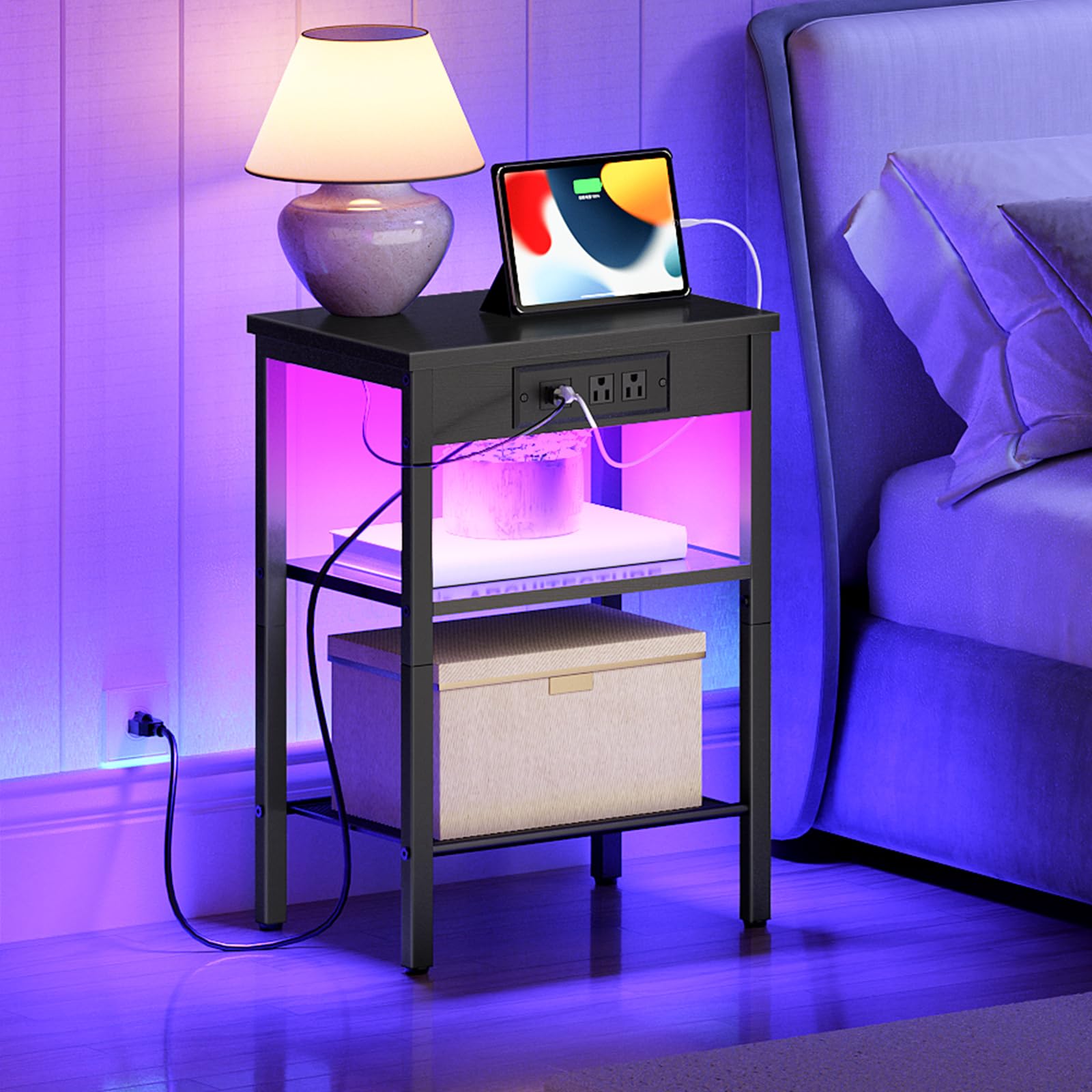 Side Table with Charging Station and LED Lights, Small End Table with Storage Shelves