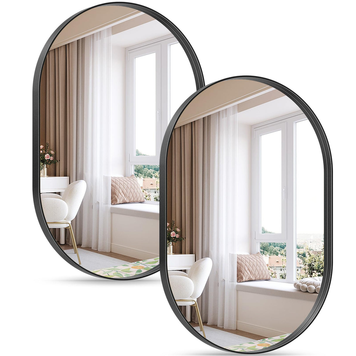 2 Pack Black Oval Mirrors, 20" x 33" Double Modern Mirror for Living Room