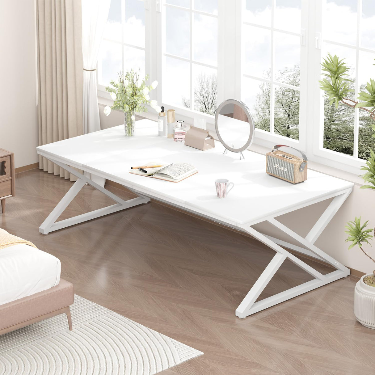 White 70.8" Computer Desk, Modern Large Long Wood Metal Office Desk