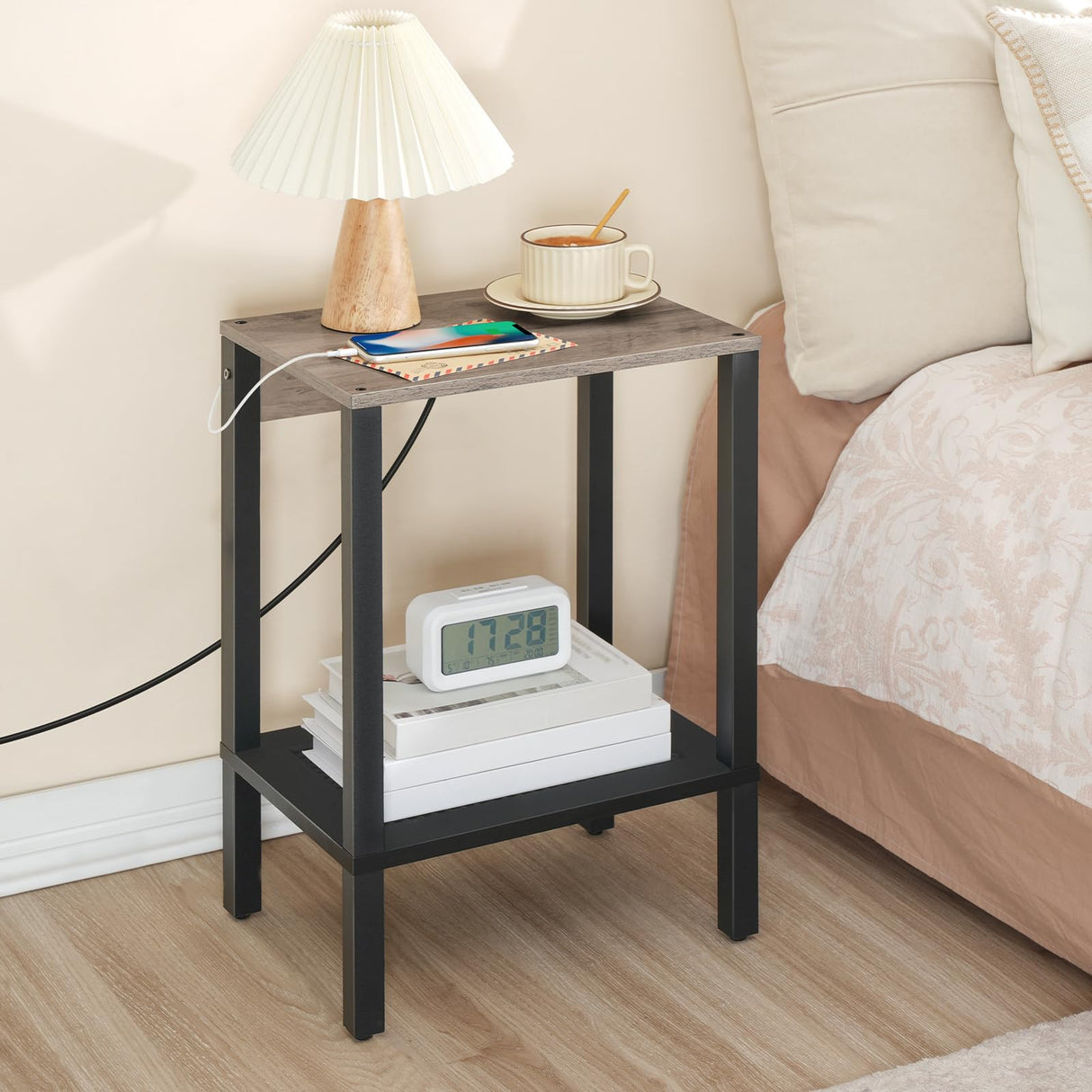 End Table with USB Ports and Outlet, Nightstand