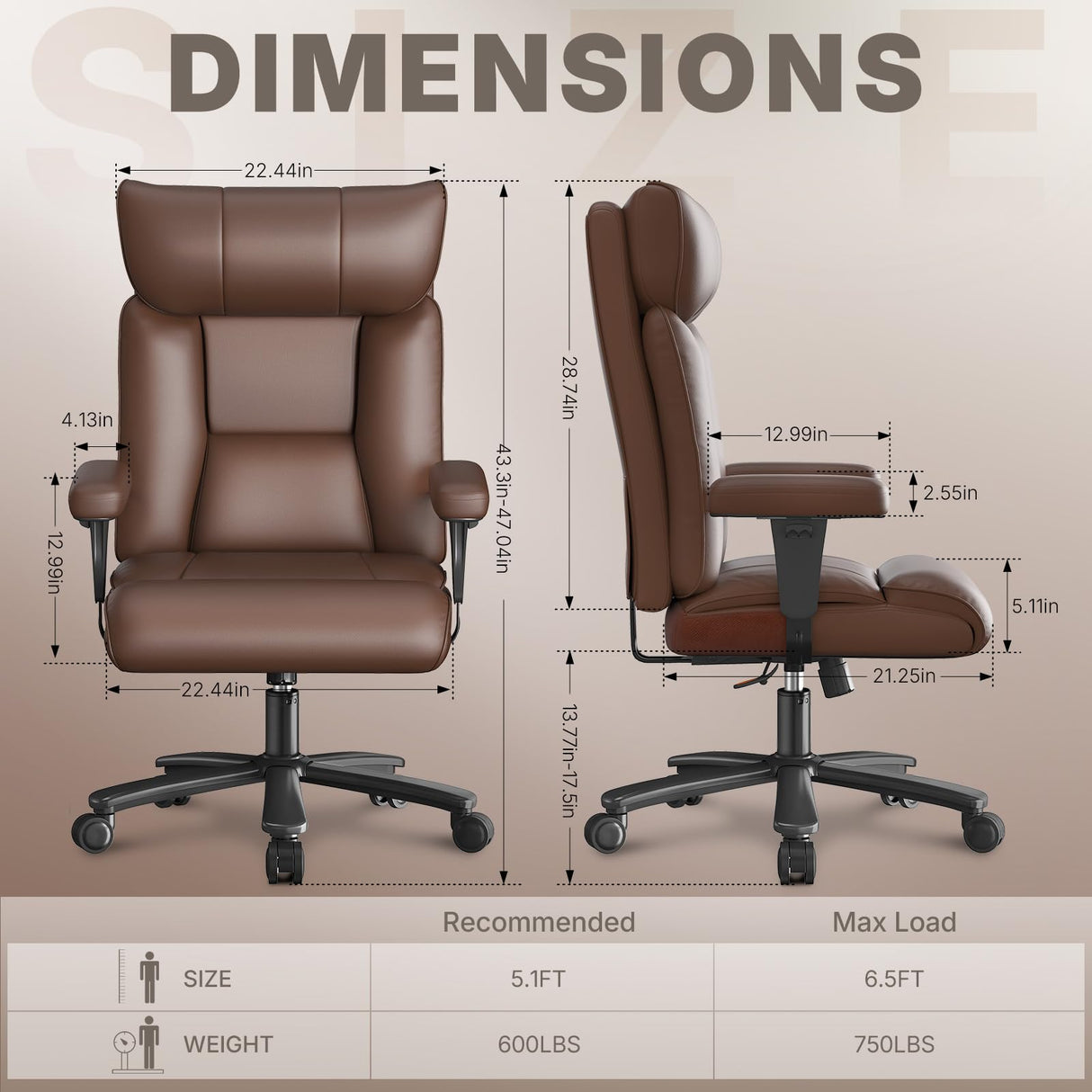 Ergonomic Big and Tall Office Chair - 750 lbs Capacity High Back Executive Chair