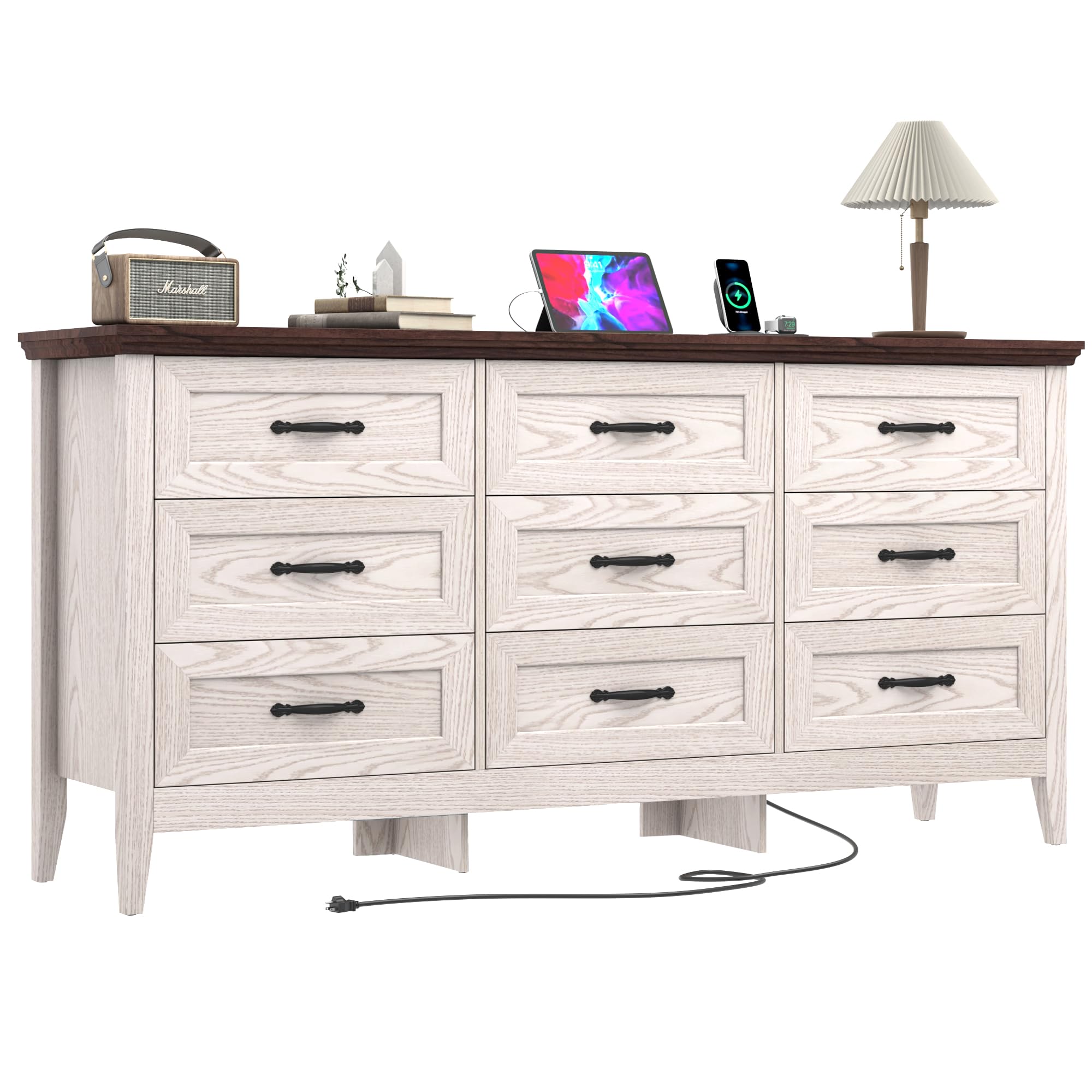 Farmhouse 9 Drawers Dresser, 63" Wood Dresser for Bedroom Wide Chest