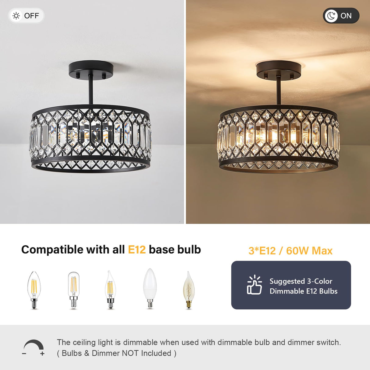 Pevfah Crystal Black Ceiling Light, Modern Semi Flush Mount Ceiling Lighting Fixture, Round Hallway Lighting Fixtures Chandelier for Kitchen Entryway Bedroom Dining Room, 3-Light, 12.2 Inch