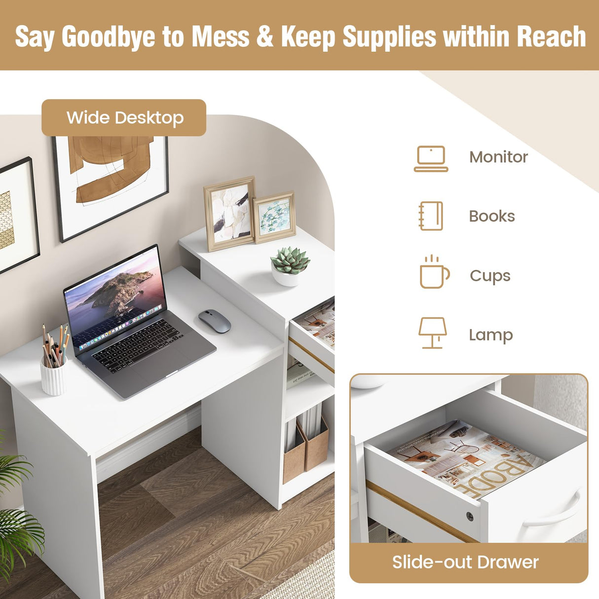 Tangkula White Desk with Drawer, Modern Computer Desk with Adjustable Shelf & Cable Hole, Compact Writing Study Desk, Wooden Computer Workstation for Home or Office, White