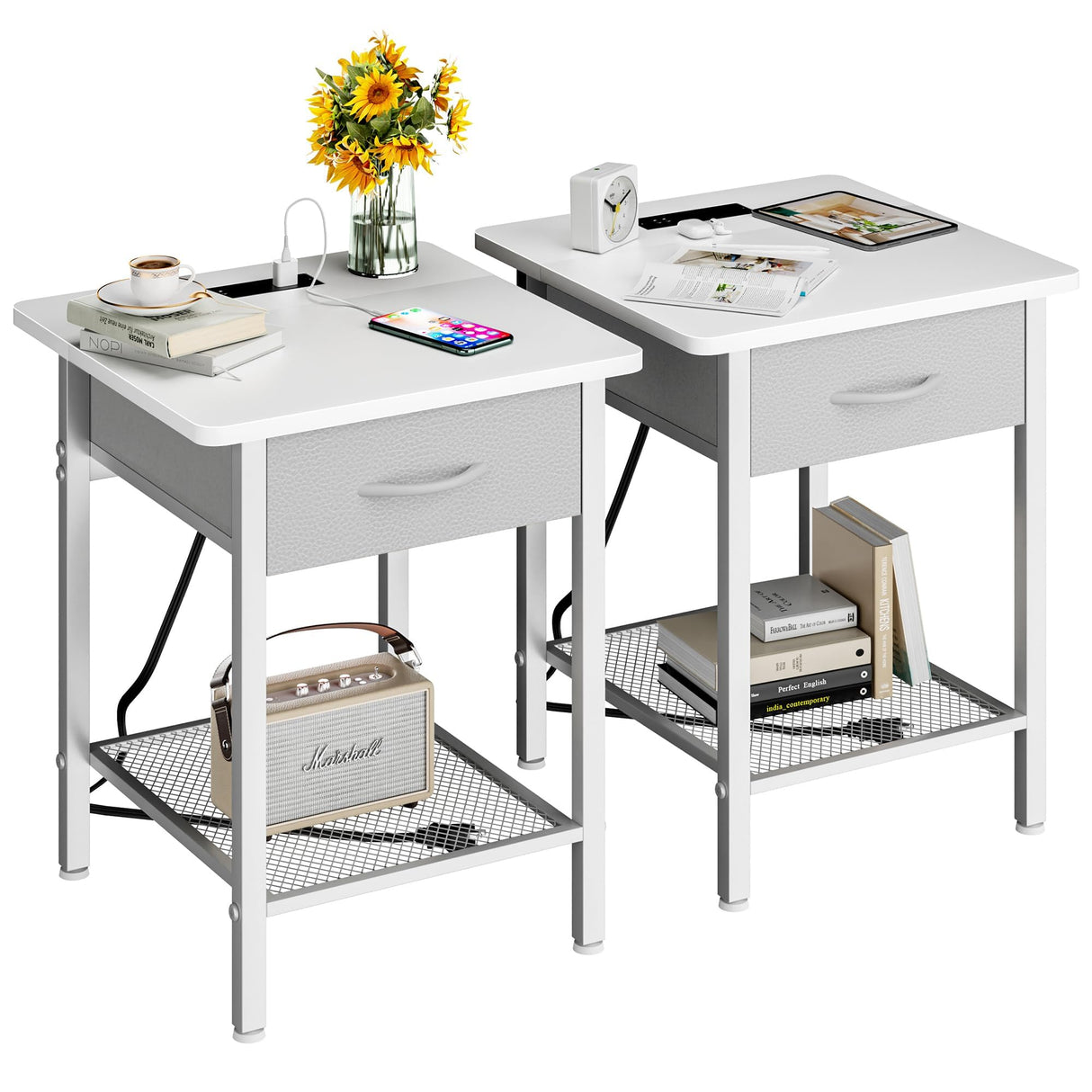 Nightstands Set of 2 with Charging Station and Fabric Storage Drawer,16.5" x 15.8" Side