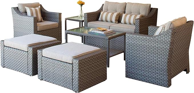 5 Piece Patio Conversation Set Outdoor Furniture Set, Brown Wicker Lounge Chair