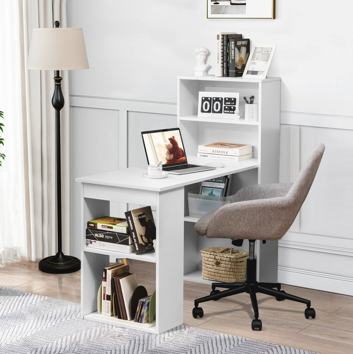 White Computer Desk with Shelves, 48” Study Writing Desk with 6-Tier Storage Shelves,