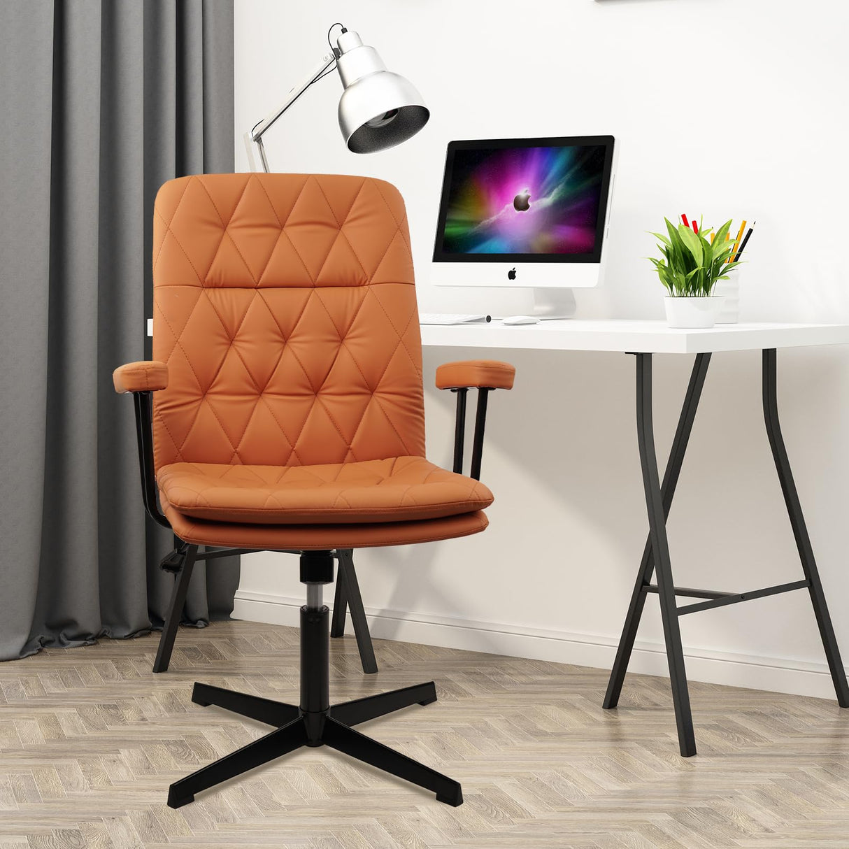 Office Chair No Wheels, Leather Desk Chair with Arms, Mid Back Modern Height Adjustable Computer Chair with Soft Cushion, Swivel Task Chair for Home Office, Orange