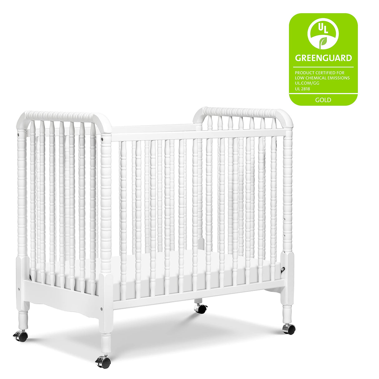 Lind 3-in-1 Convertible Mini Crib in White, Removable Wheels, Greenguard Gold Certified