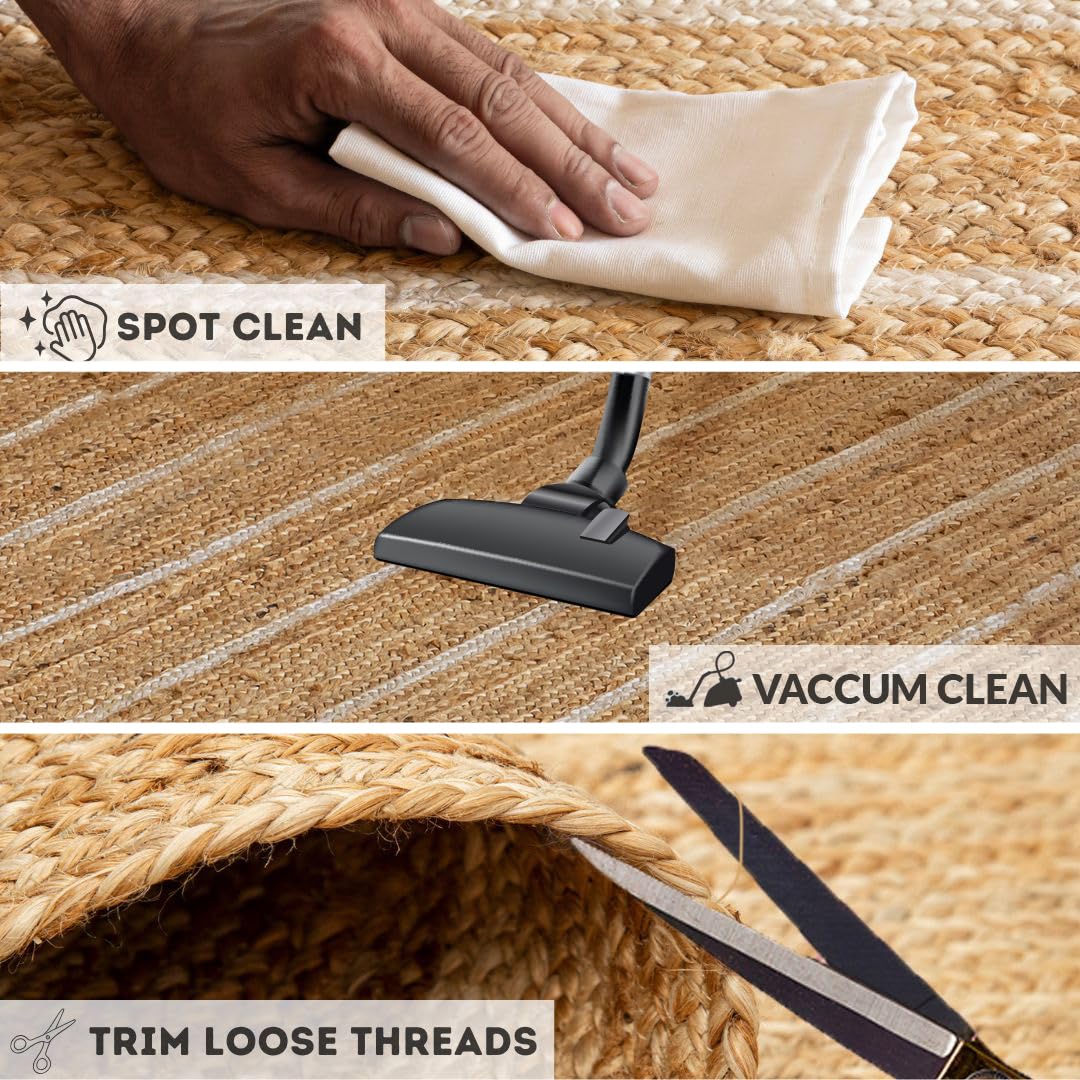 Natural Braided Jute Area Rug 8x10 - Off White Stripe Reversible