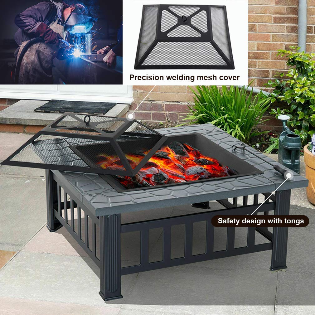Fire Pit, 32” Outdoor Metal Fire Pit Table with Durable Steel Frame