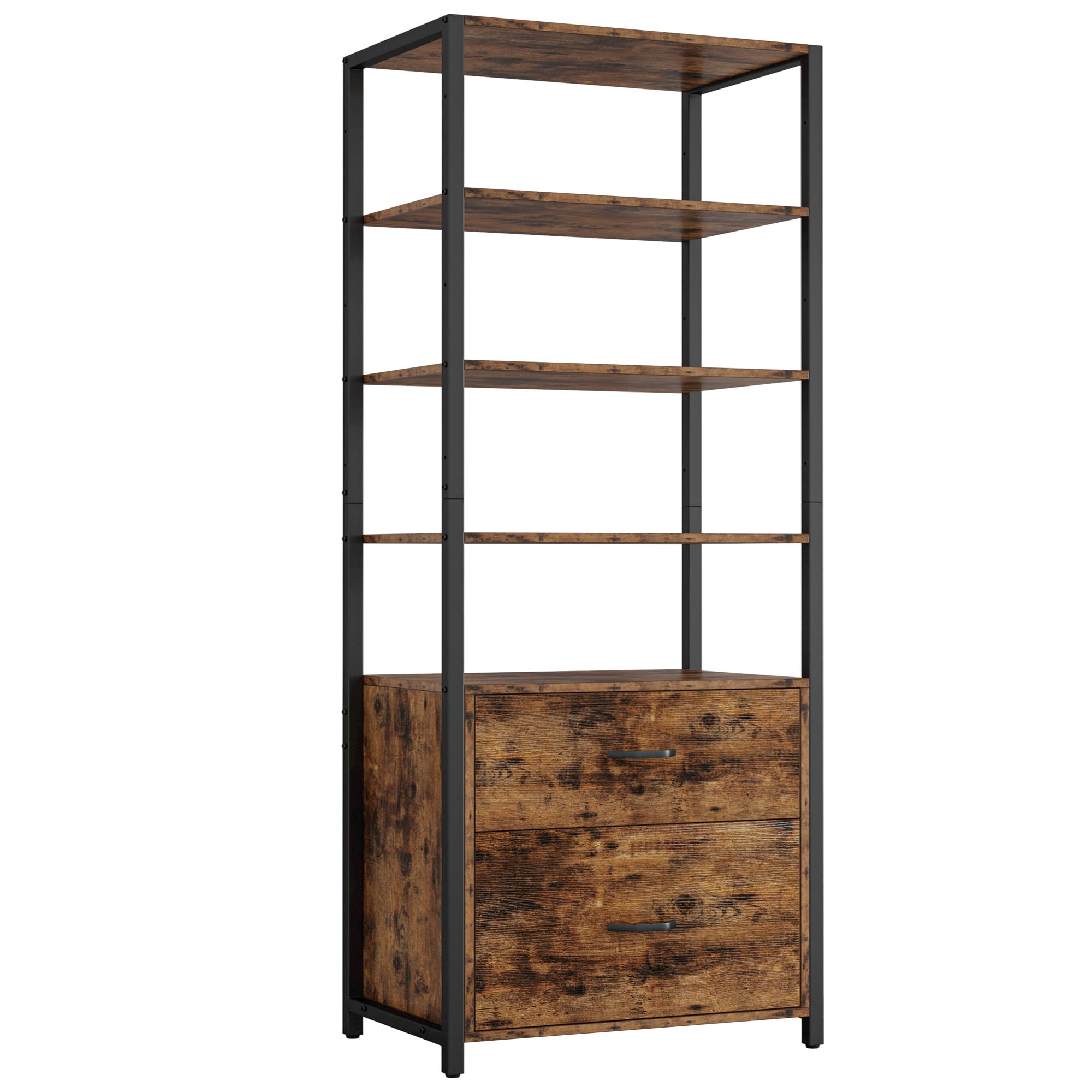 Industrial Bookcase with File Cabinet Drawers, 71.6 in Tall Bookshelf 5 Tier, Freestanding Storage Home Office Cabinet Organizer, Rustic Home Decor, Vintage Brown