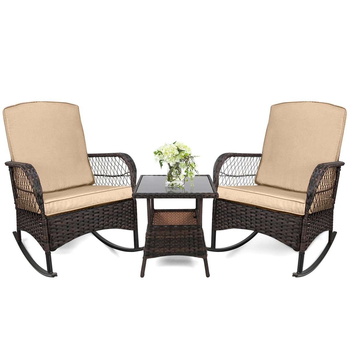 3 pcs Rocking Bistro Set Conversation Chairs PE Wicker Outdoor Chairs(Rocking Set,Khaki)