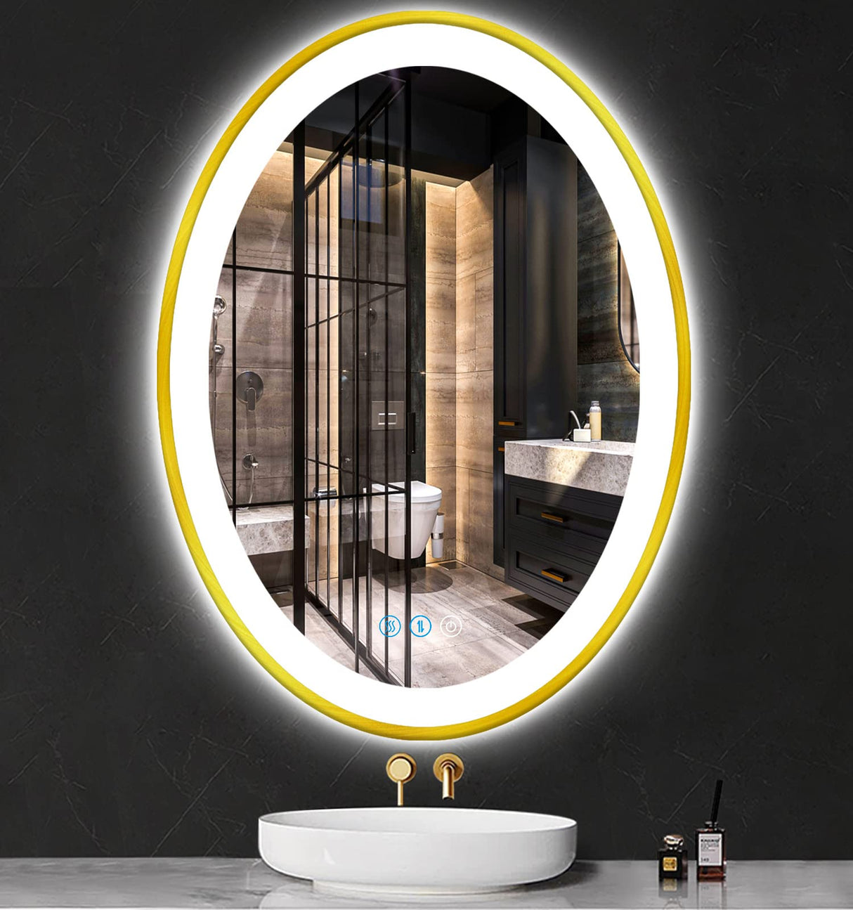 30x20 Inch Oval LED Bathroom Mirror - Gold Frame with Anti-Fog