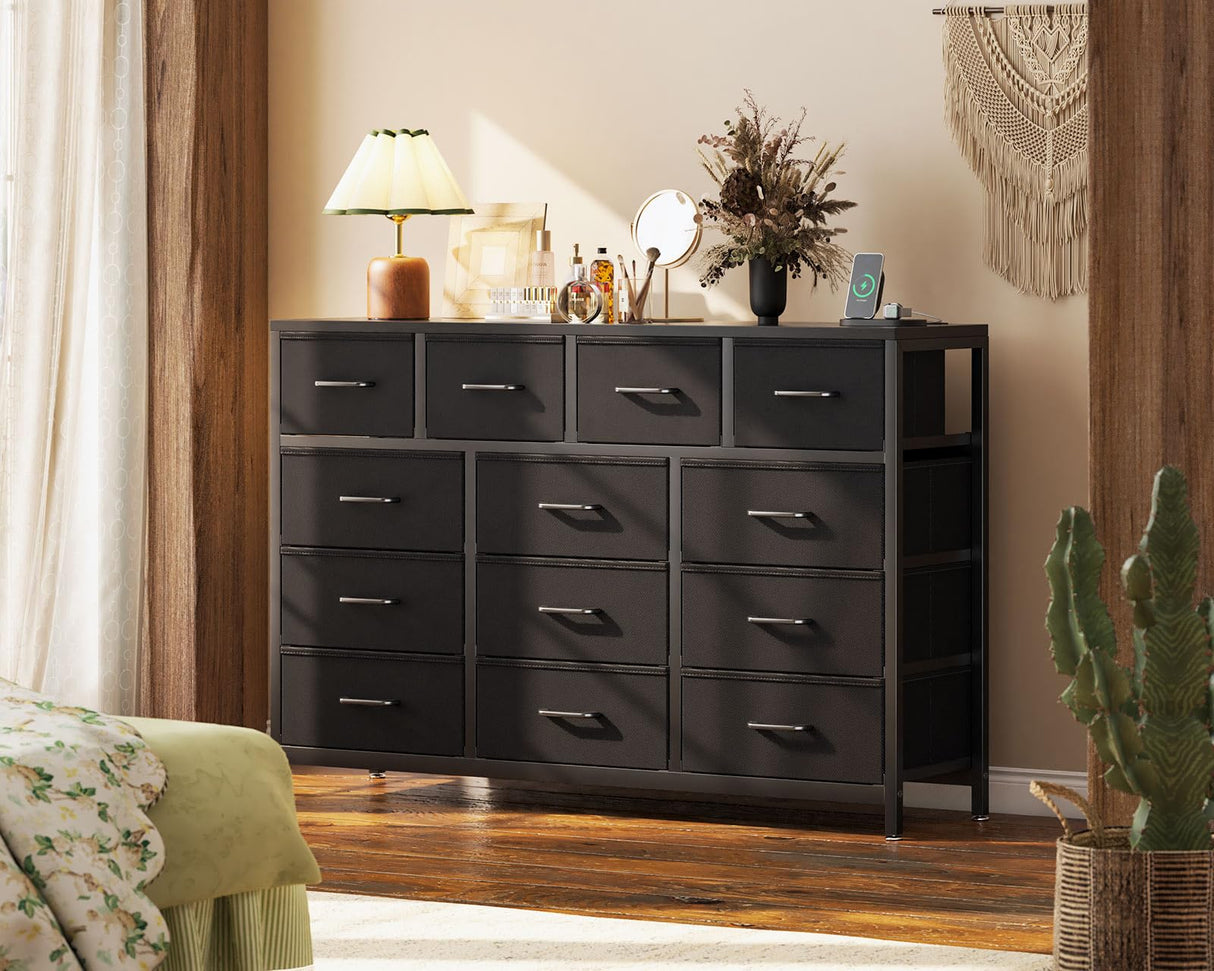 Bedroom with Charging Station, 57" Long Dresser with 13 Storage Drawers, Large