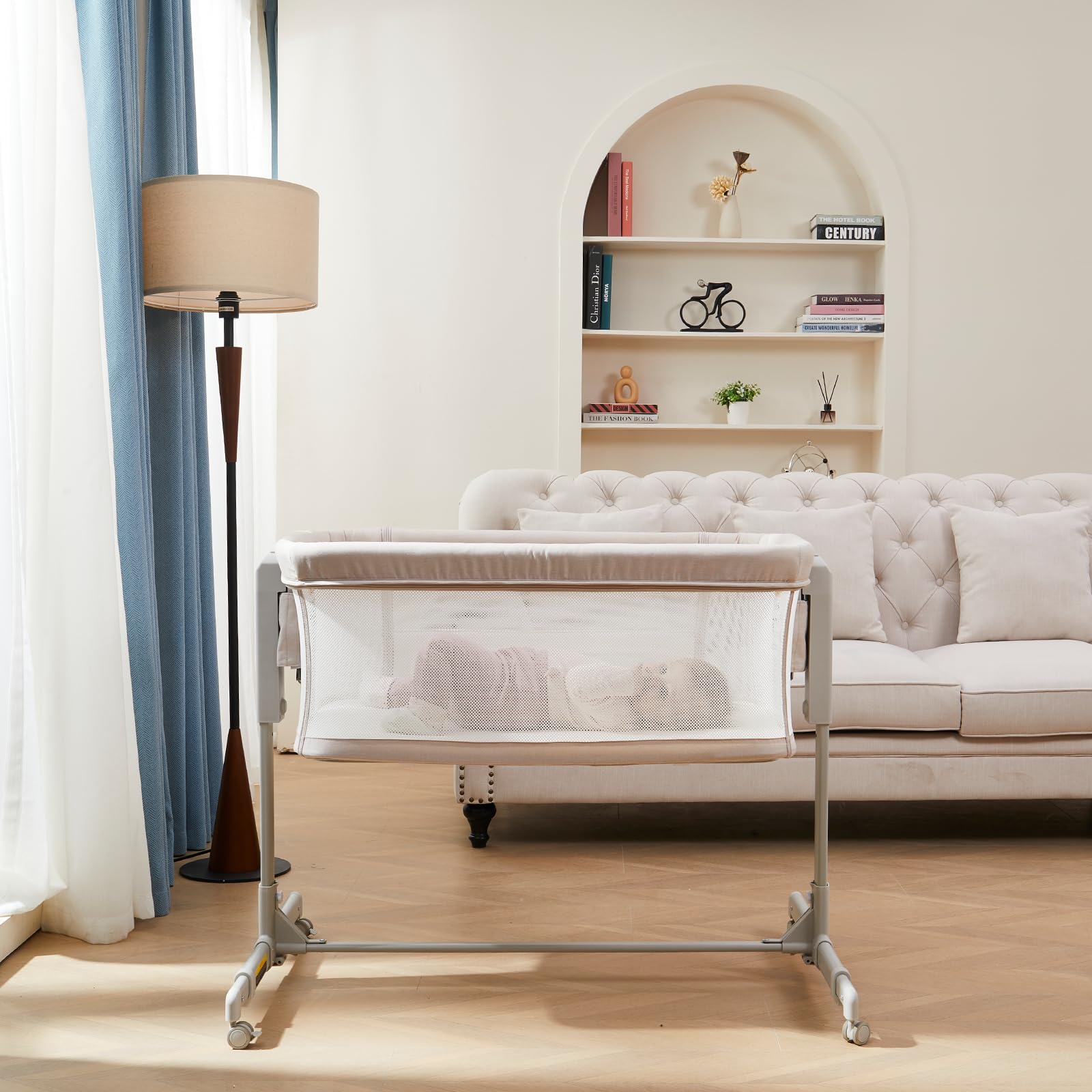 Baby Bassinet Bedside Sleeper, 3-in-1 Rocking Bassinet with Wheels, 6-Height Adjustable Crib