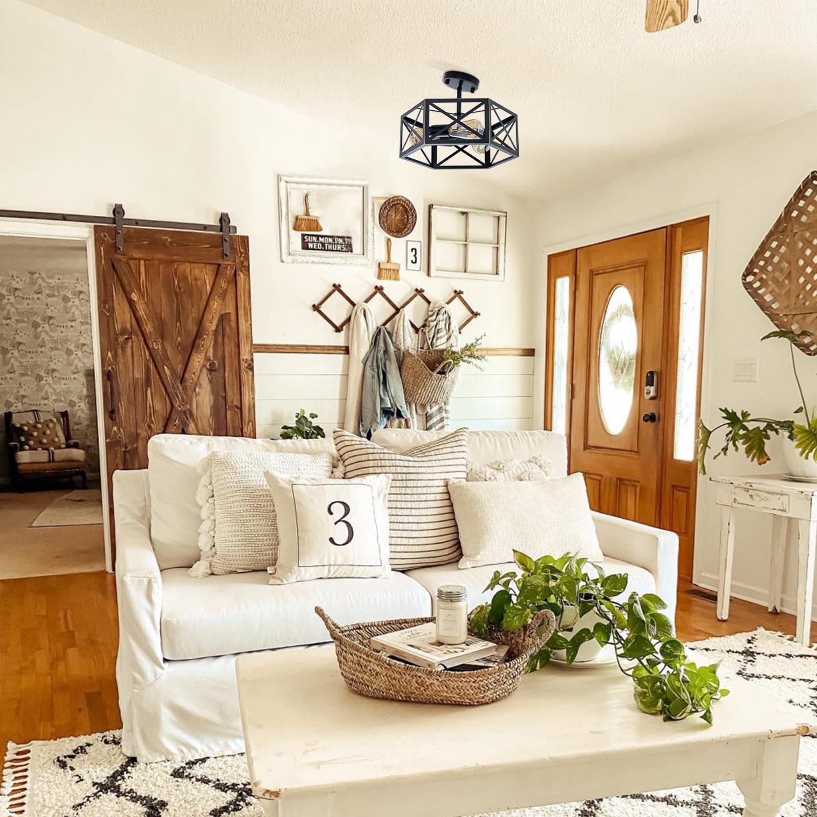 Farmhouse Semi Flush Mount Ceiling Light Fixture, 3-Light Industrial Black Close to Ceiling Lights,Chandeliers