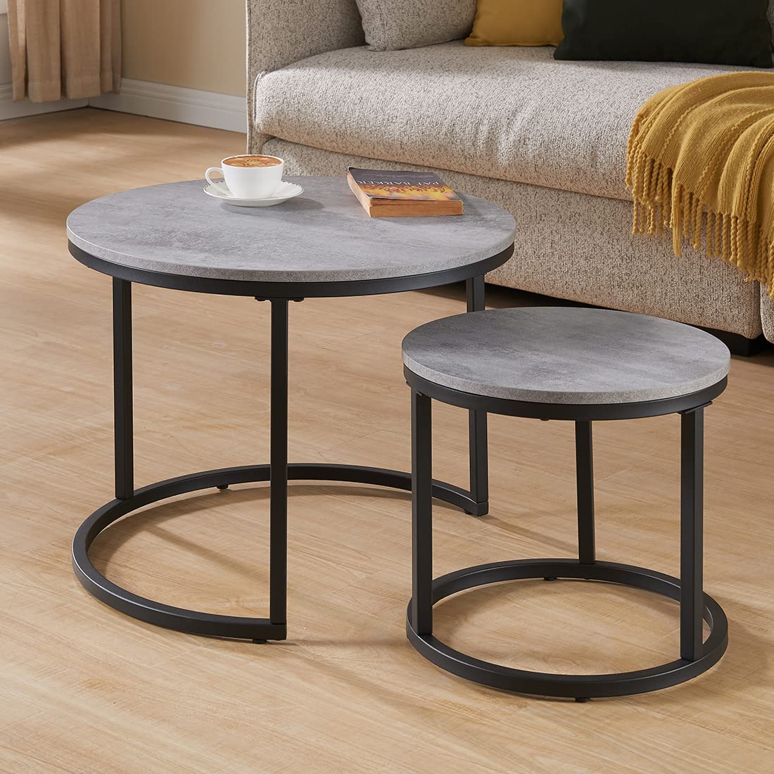 23.6-Inch Concrete Round Nesting Coffee Table for Living Room, Modern Industrial Style