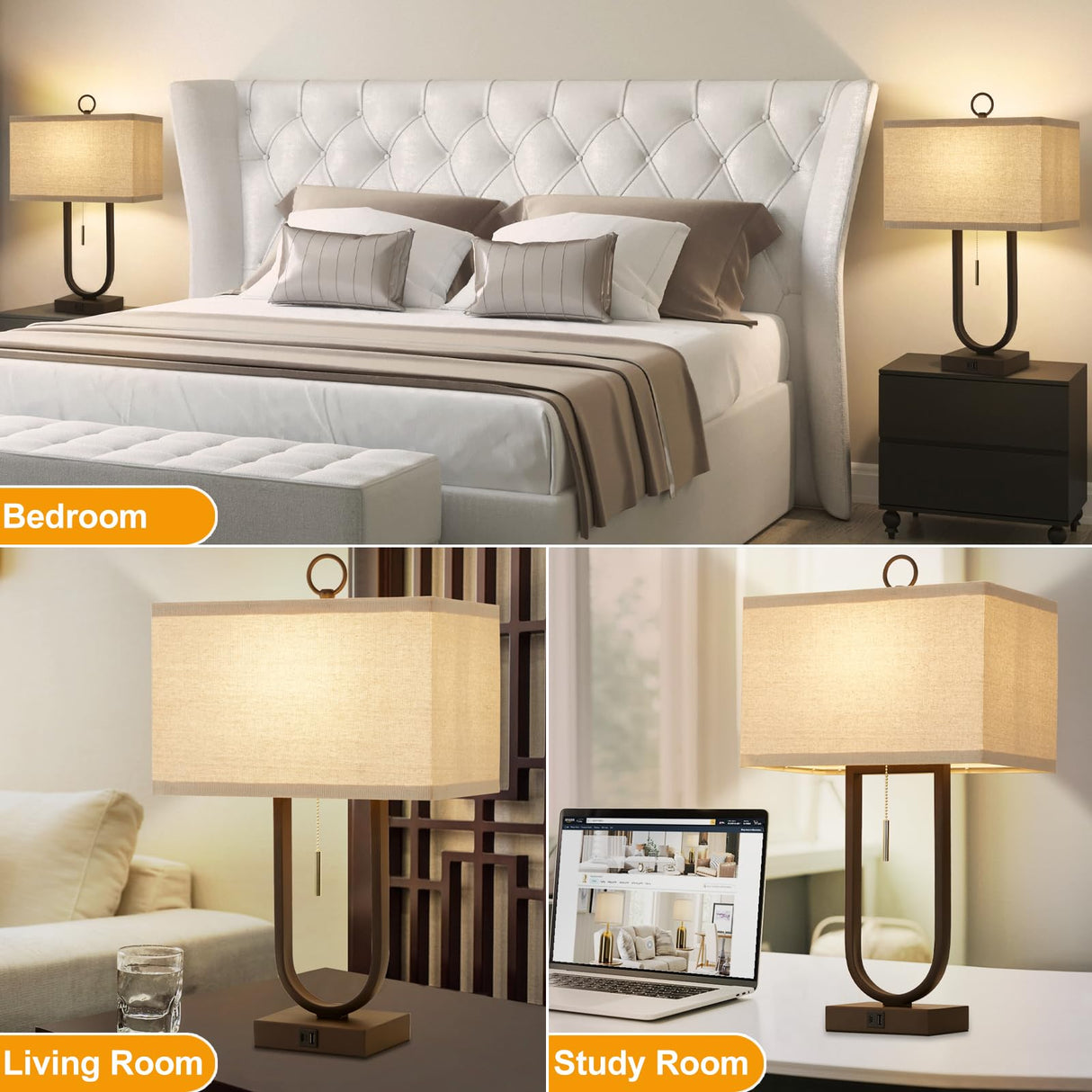 24" Table Lamps Set of 2 with USB Ports & Adjustable Color Temperature