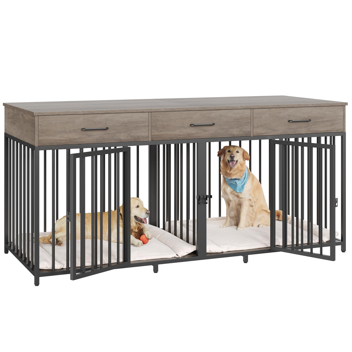 Double Dog Crate Furniture 71" Wide with 3 Drawers - Heavy Duty Wooden Kennel for 2 Large Dogs