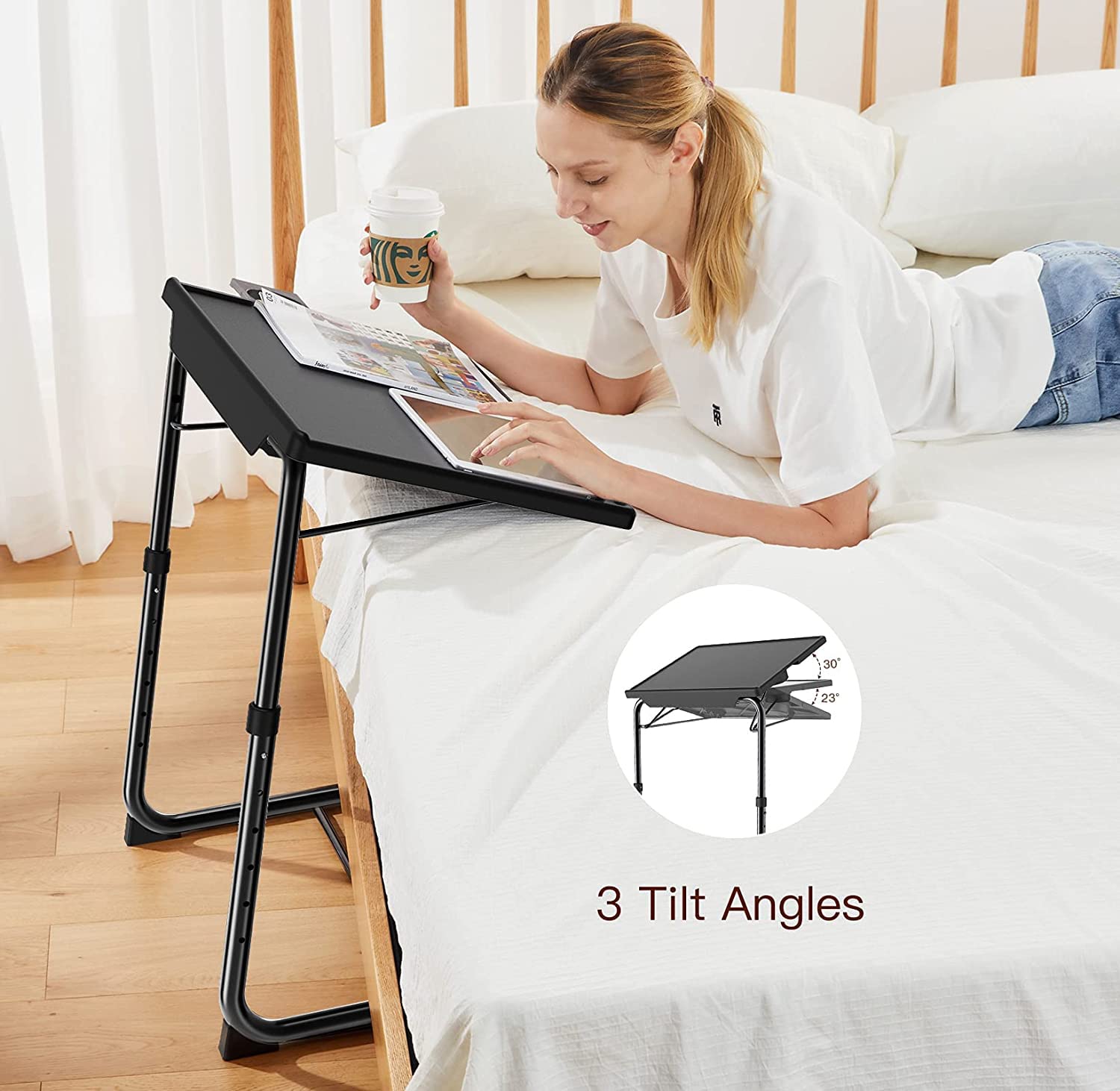 TV Tray Table - TV Dinner Tray on Bed & Sofa, Comfortable Folding Table with 6 Height & 3 Tilt Angle