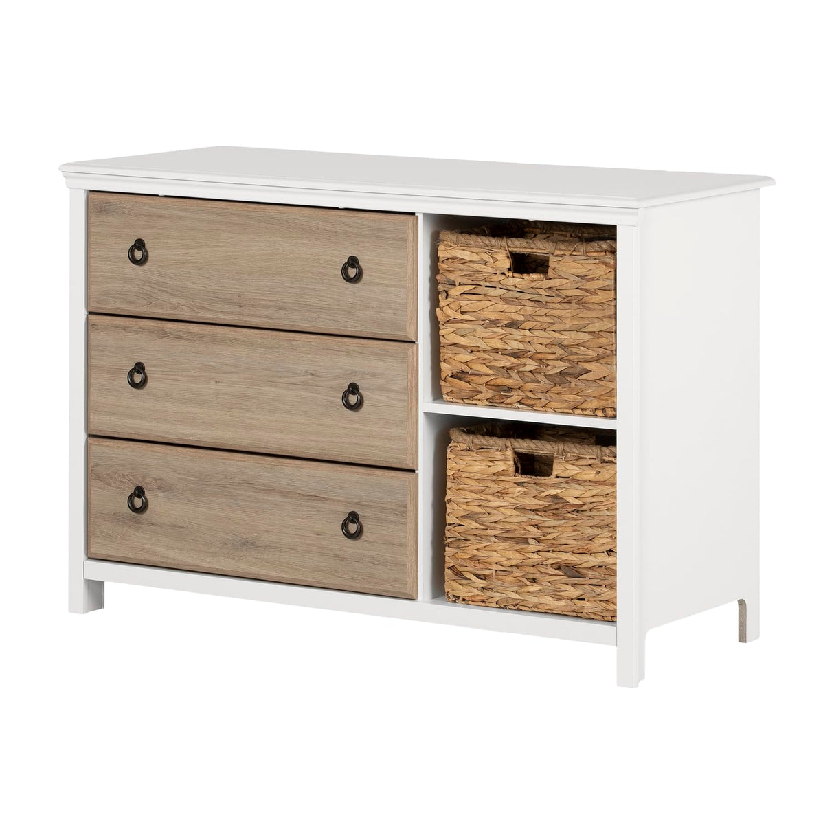 Cotton Candy 3-Drawer Dresser with Baskets Pure White and Rustic Oak, Coastal