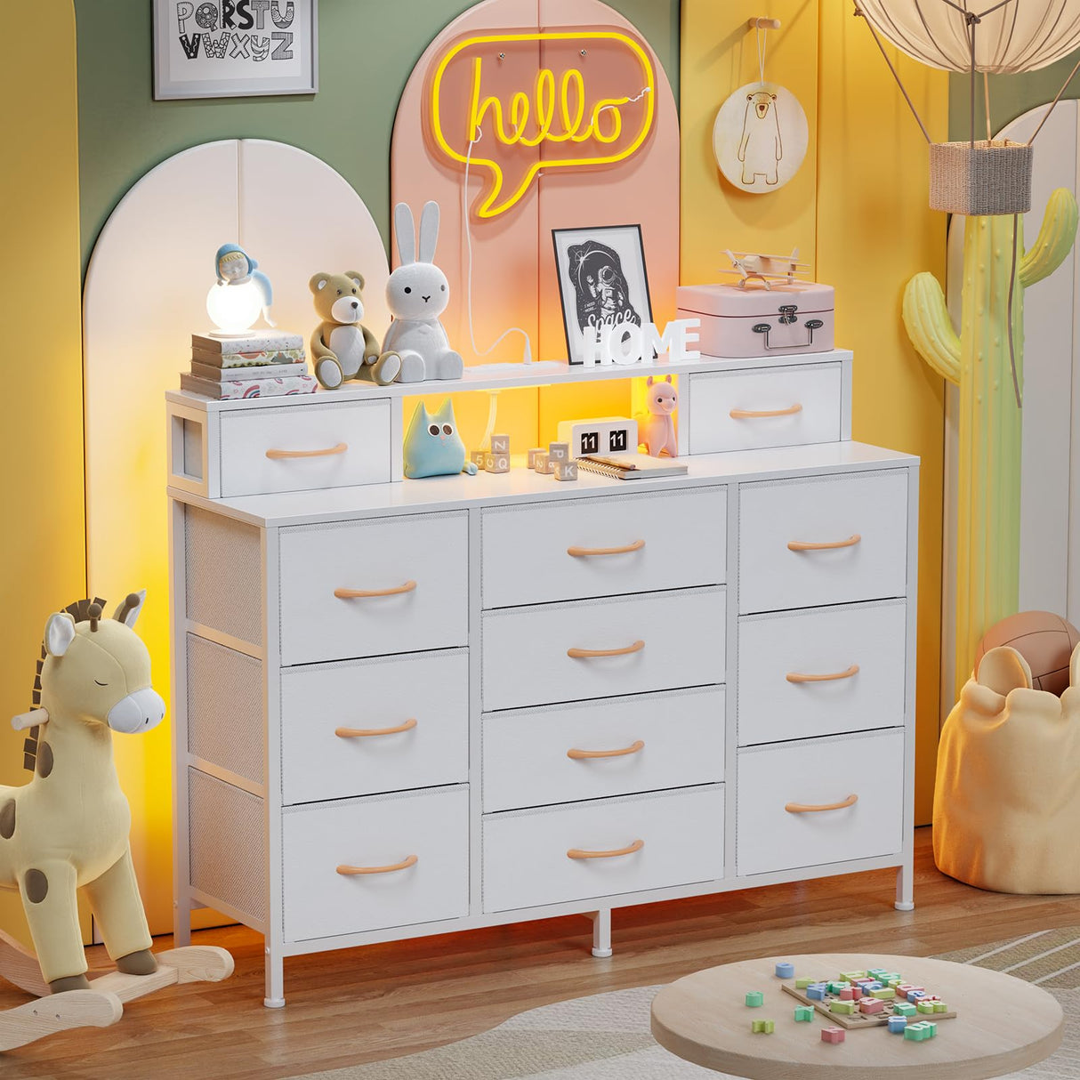 White Dresser with LED Lights & Charging Station,47" Long Dresser