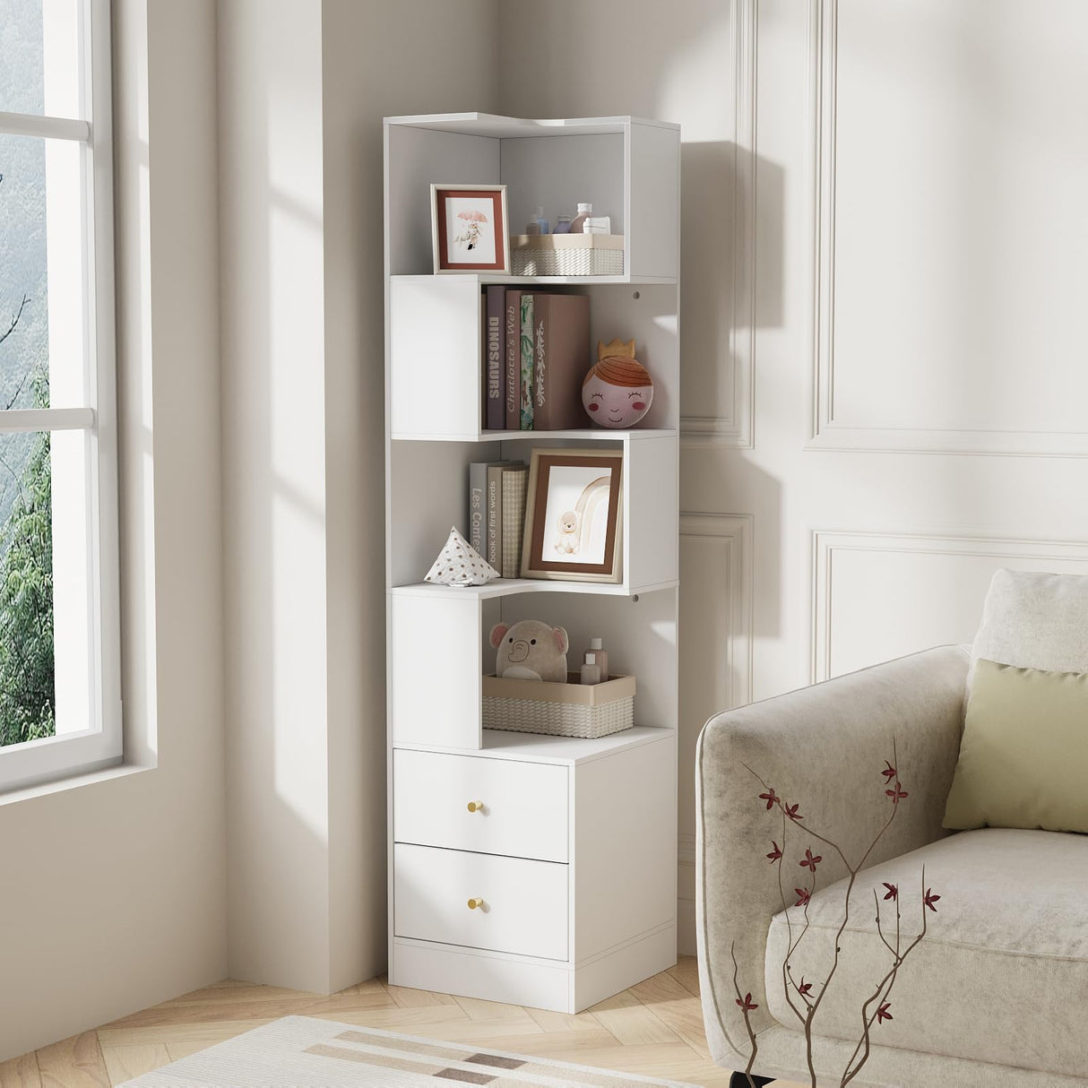 Corner Shelf with Light 5-Tier White Corner Storage Cabinet with Drawers Modern