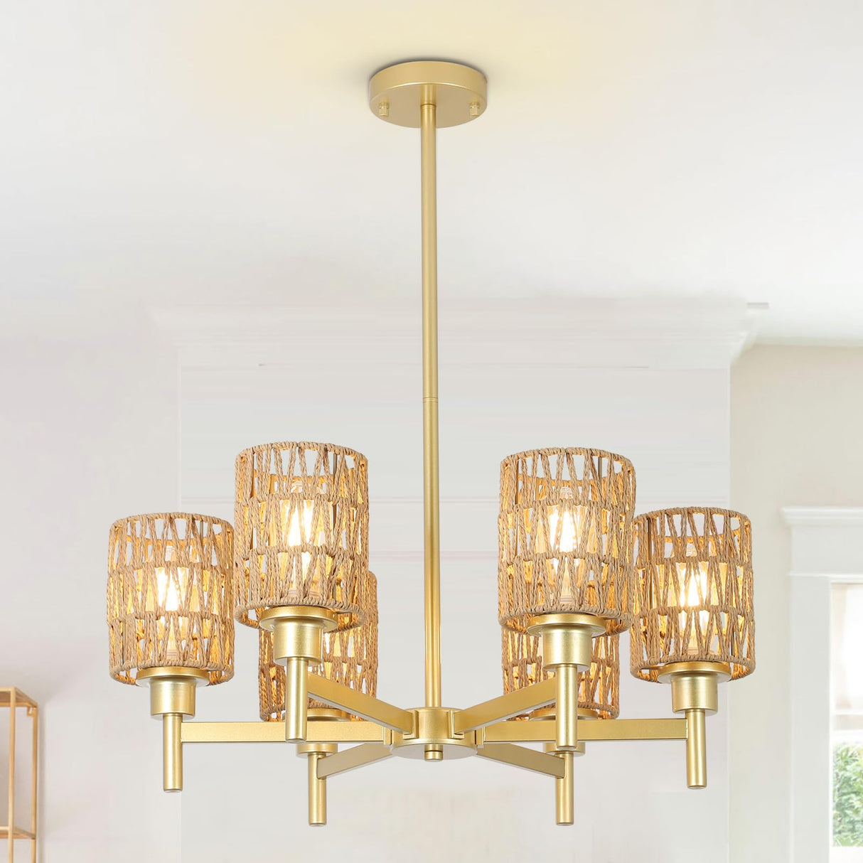 6-Lights Gold Chandelier Light Fixture - Boho Rattan Chandeliers for Dining Room, Farmhouse Kitchen Lighting Fixtures Ceiling, Hanging Pendant lights for Kitchen Island Bedroom Living Room Nursery