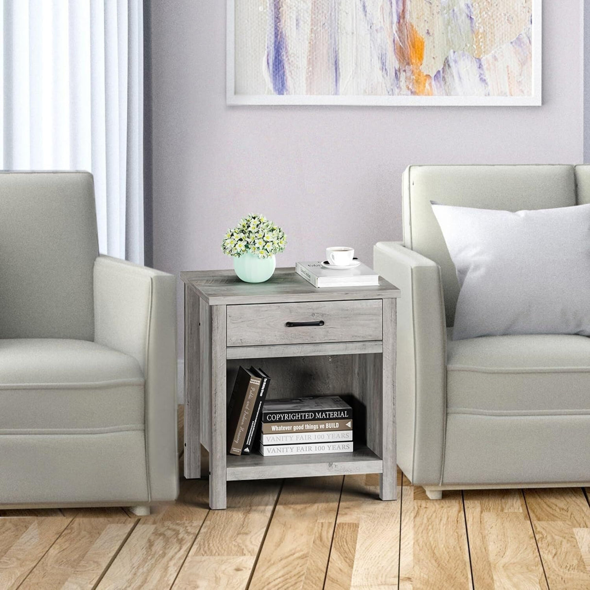 Farmhouse Square Nightstand, Bedside Table with Drawer Grey