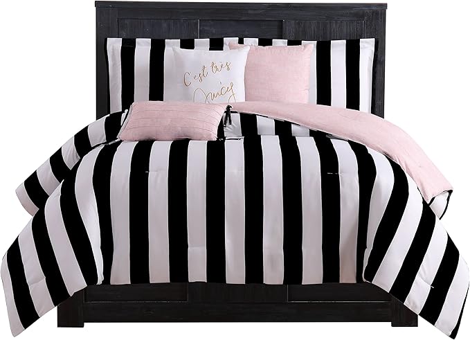 Cabana Stripe Reversible Bedding Set - King Size - Black and Hot Pink Stripe Print