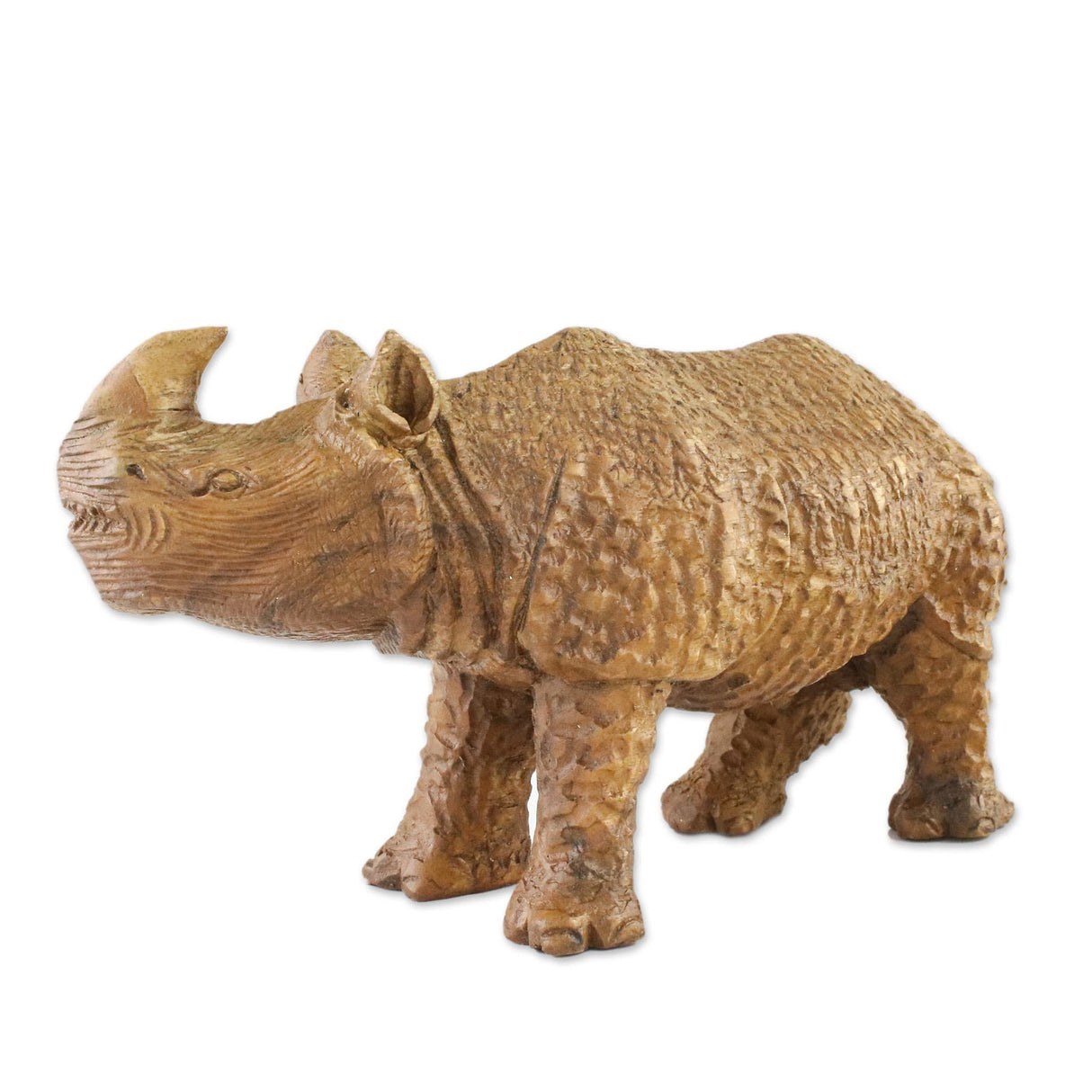 Artisan Handcarved Wood Sculpture Rhino from Thailand Brown Animal Themed