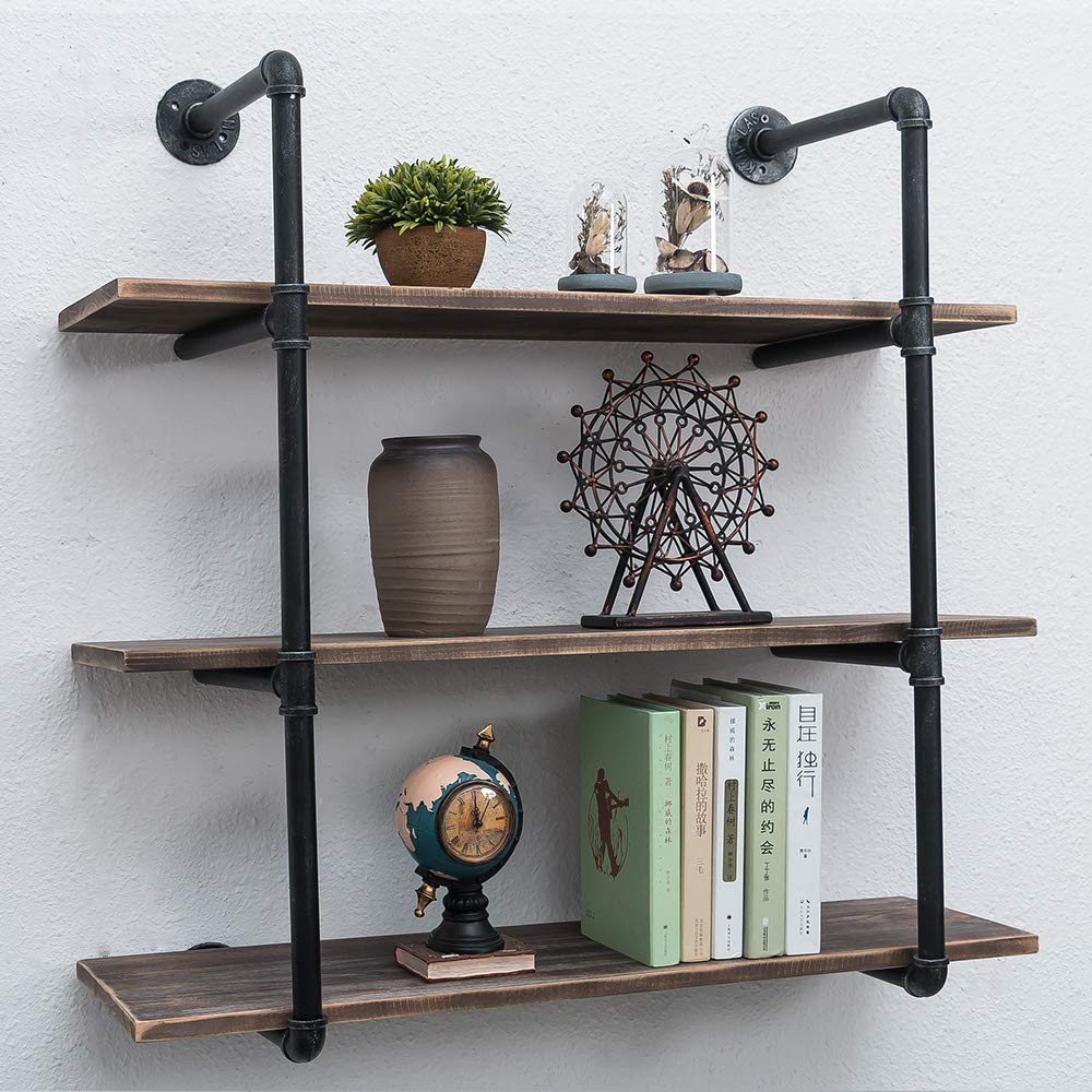 Industrial Pipe Shelving Wall Mounted,Rustic Metal Floating Shelves,Steampunk Real Wood