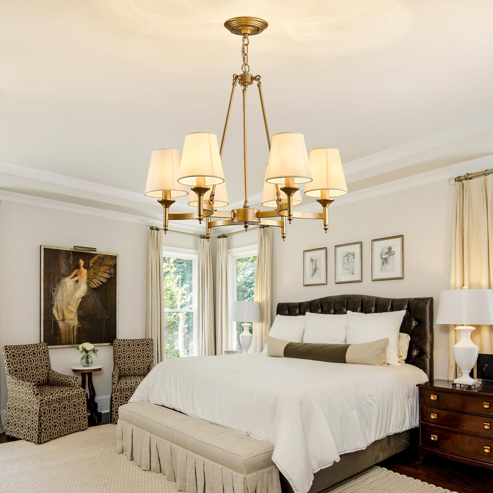 Gold Wagon Wheel Chandelier with White Linen Shade 6-Light Industrial Ceiling Light