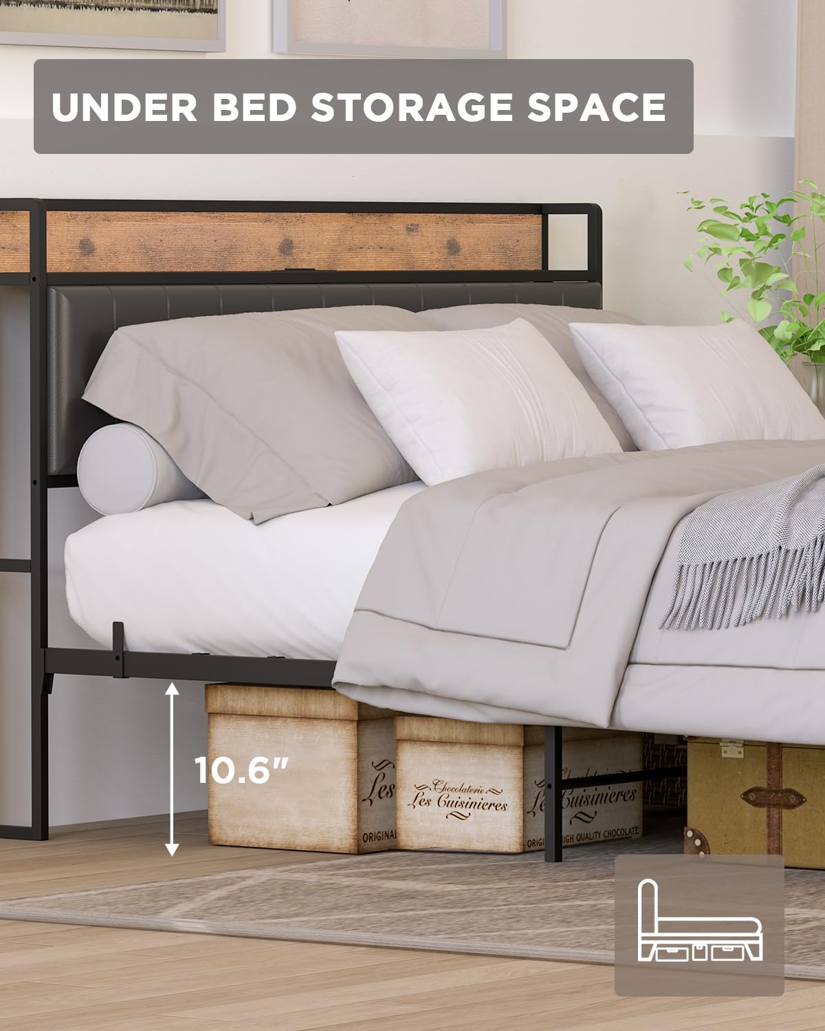 Bed Frame with Storage Headboard, Built-in Charging Station, Easy Assembly, Noise Free,