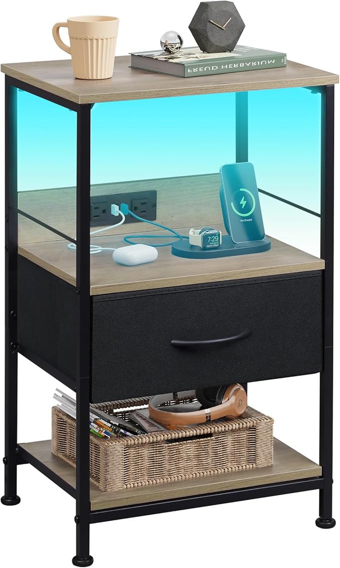 Night Stand with Charging Station, LED Nightstand