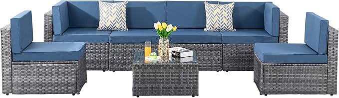 7 Pieces Outdoor Patio Sectional Sofa Couch, Silver Gray PE Wicker Furniture Conversation Sets