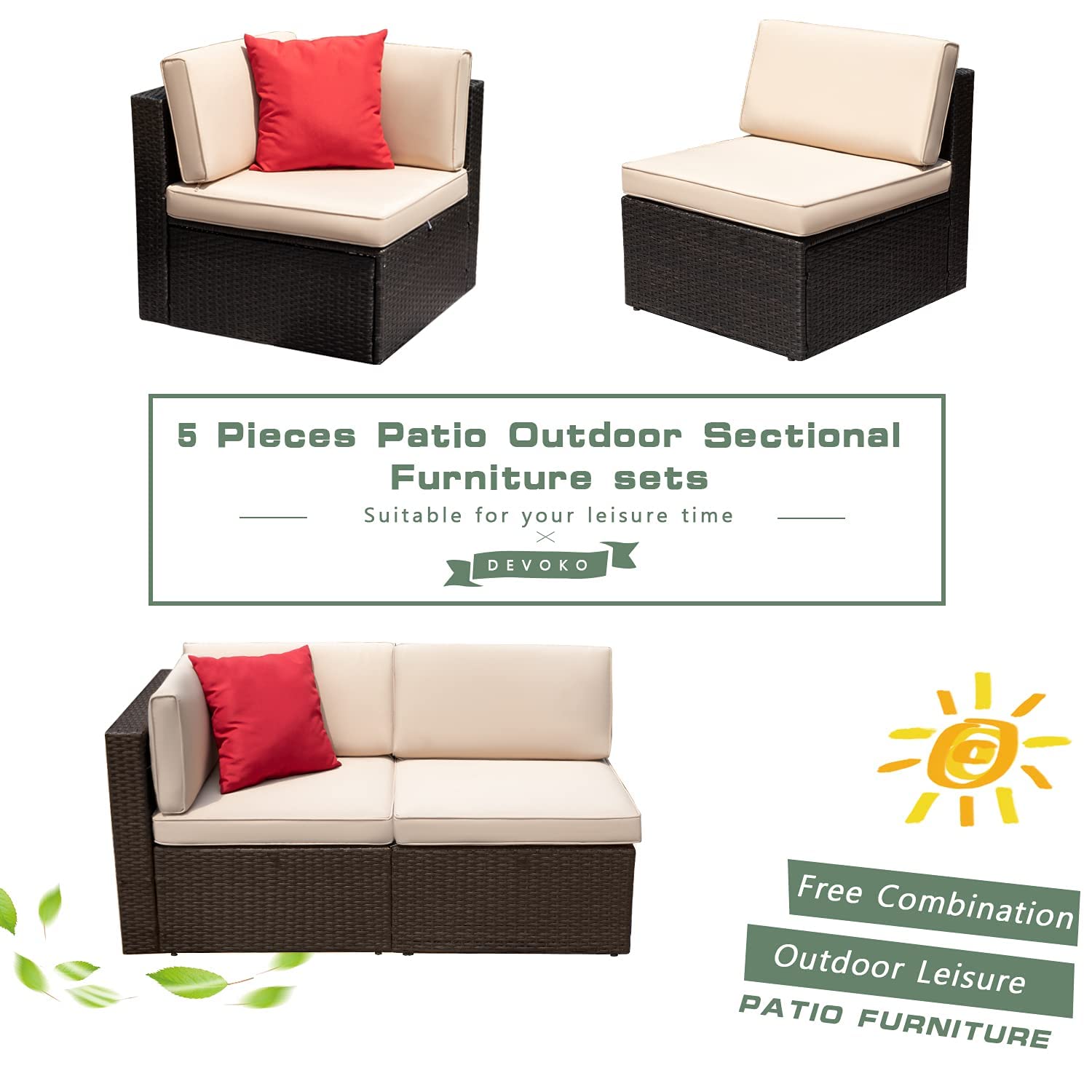 2 Pieces Patio Furniture Sofa Sets Outdoor All-Weather Sectional Corner Sofa