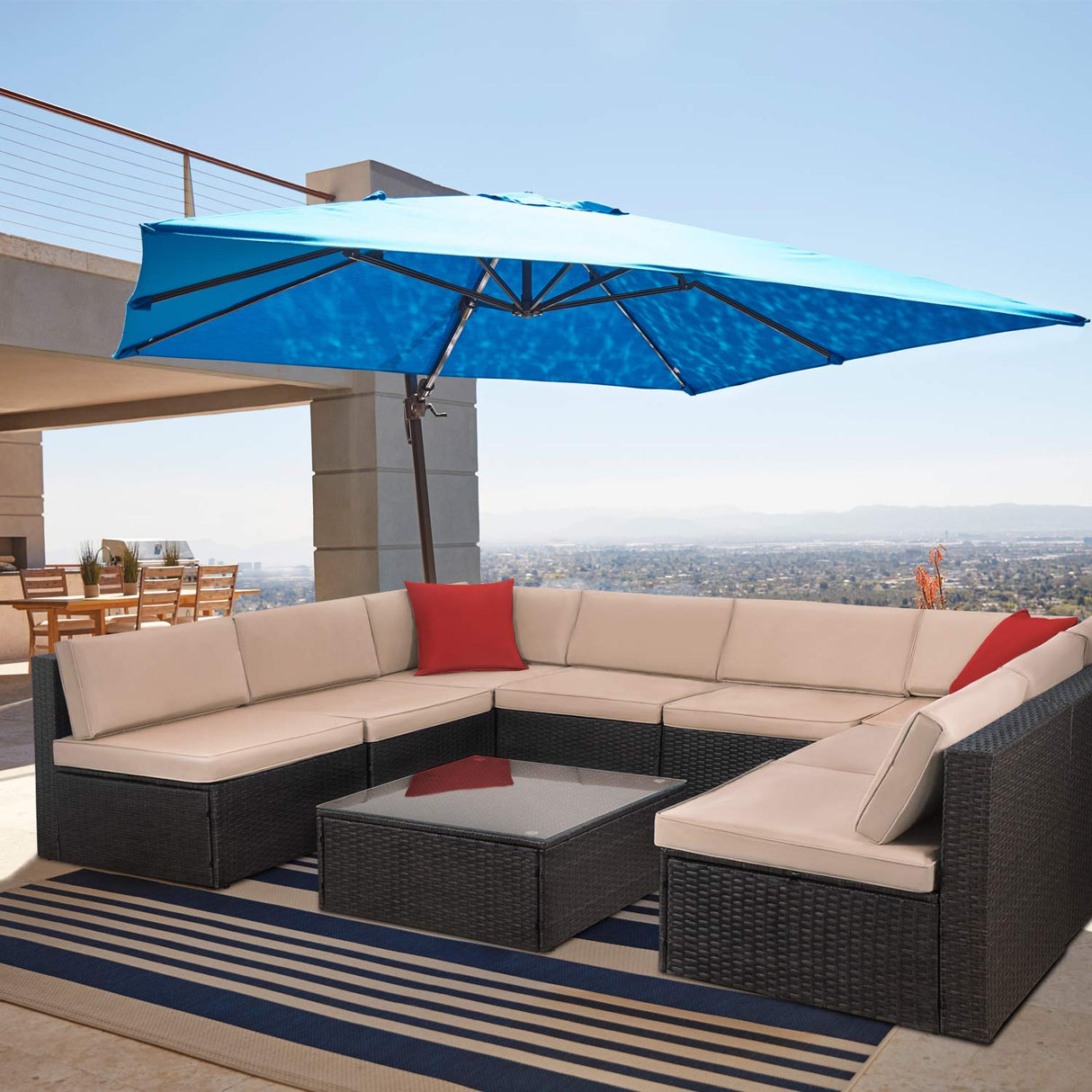 9-Piece Outdoor Sectional Sofa Set with Cushions and Glass Table